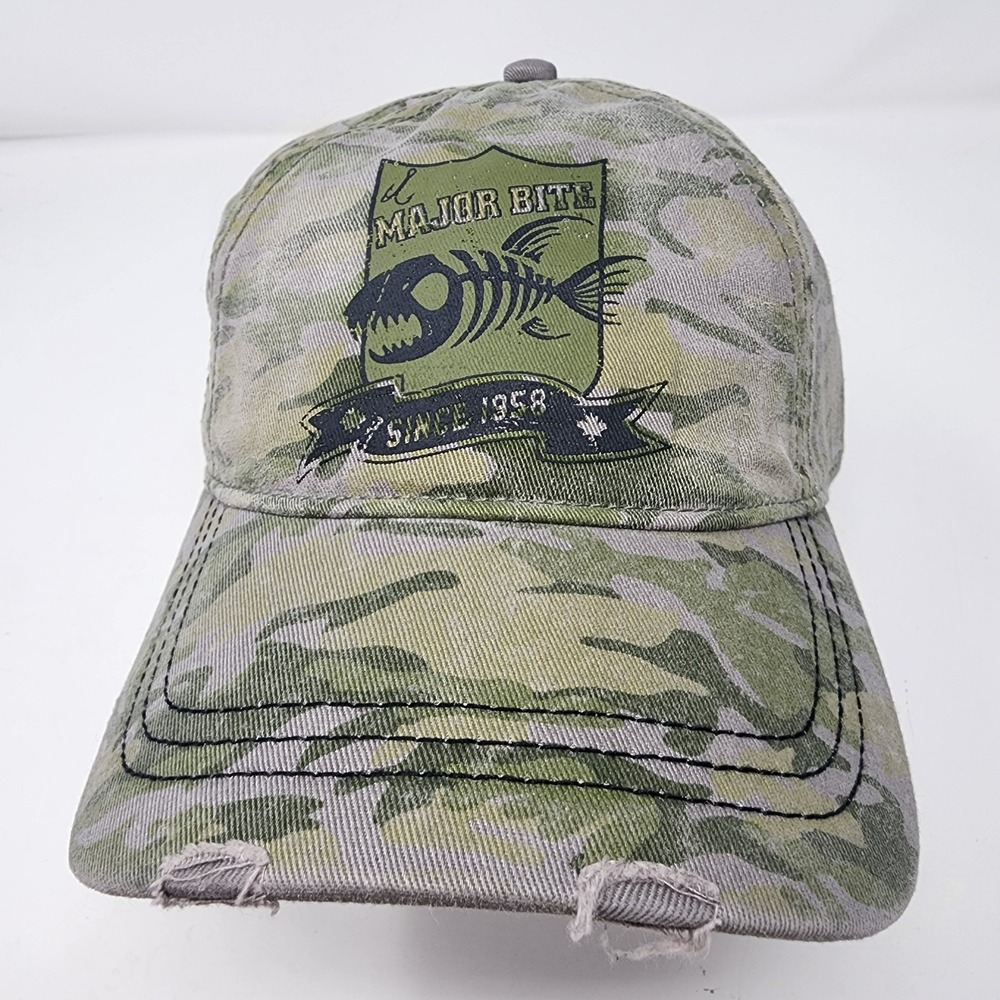 Major Bite Baseball Hat OSFM Camouflage Fishing Fish Skeleton Distressed Green